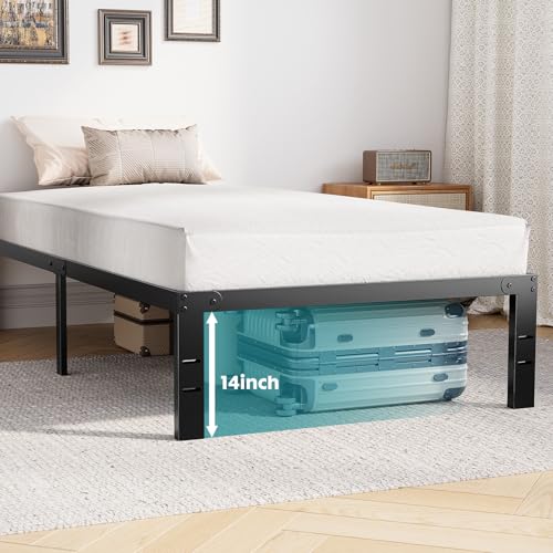 Image of OLIXIS Twin Metal Platform Bed Frame - 14in High Heavy Duty Mattress Foundation with Storage Space, No Box Spring Needed, Sturdy Steel Slat Support, Easy Assembly, Black