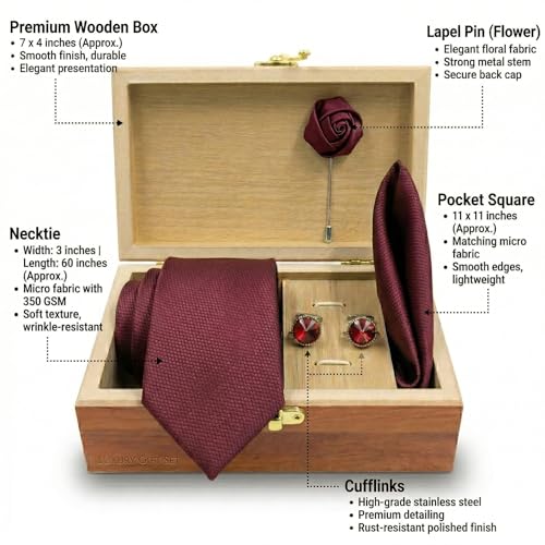 Image of Men's Necktie Gift Set with Wooden Box | Premium Tie, Pocket Square, Cufflinks & Lapel Pin | Elegant Formal Accessories Gift for Men