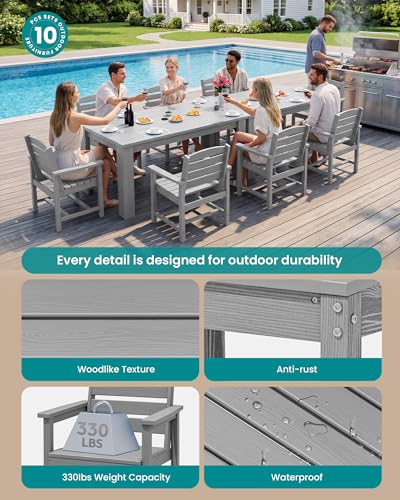 Image of SERWALL 59 inch Outdoor Dining Set for 8, Light Gray | Include 2 Rectangular Tables and 8 Armrest Chairs, All Weather Dining Sets for Garden, Backyard