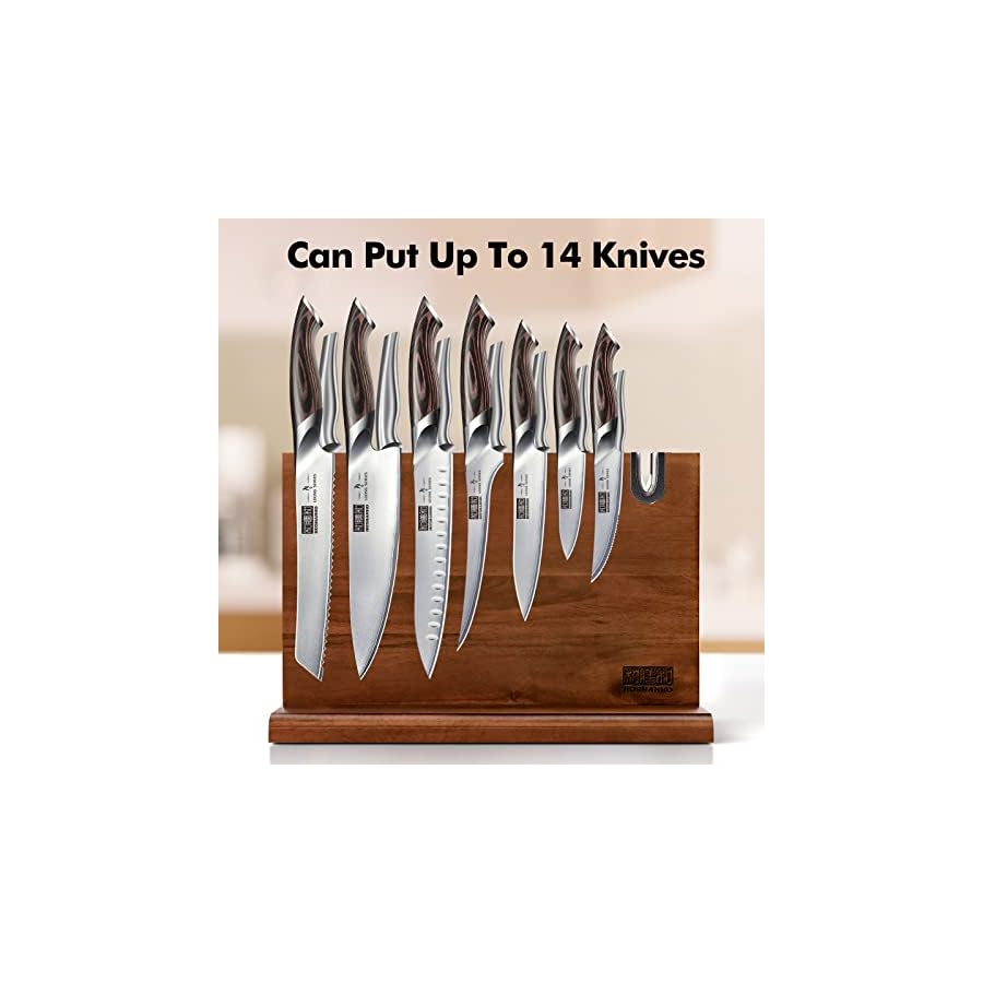 Magnetic-Knife-Block-14-x-10-Inches-Double-Sided-Magnetic-Knife-Holder-Rack-for-Kitchen-Counter-Acacia-Wood-Magnetic-Knife-Storage-Stand-with-Knife-Sharpener HOSHANHO Magnetic Knife Block 14 x 10 Inches, Double Sided Magnetic Knife Holder Rack for Kitchen Counter, Acacia Wood Magnetic Knife Storage Stand with Knife Sharpener