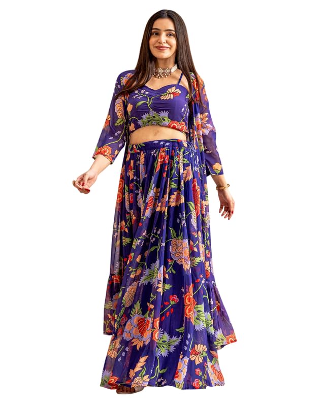 Kalamkari Print Faux Georgette Lehenga Choli Set with Stitched Jacket | Semi-Stitched Gathered Skirt, 4 Mtr Flare, Unstitched Blouse | Festive Outfit (RIMZIM JEKET CHOLI)-image-5