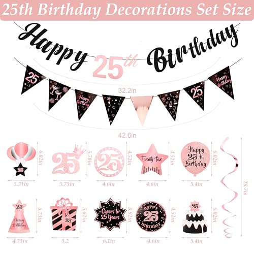 Image of 25th Birthday Decorations for Women Rose Gold Pink Pre Strung Happy 25th Birthday Banner and Hanging Swirls 25 Year Old Party Decorations Supplies