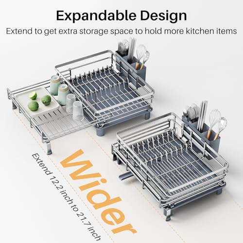 Image of Expandable Dish Drying Rack for Kitchen Counter, Stainless Steel, Silver | Foldable Over Sink, Large Capacity, Adjust to Fit Most Sinks, Angled Drainboard, Removable Utensil Holder, Slip Resistant