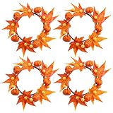 4 Fall Candle Ring, Candle Rings Wreaths, Fall Floral Pillar Ring with Maple Leaf and Pumpkin, Small Artificial Wreaths Candle Ring Holder Rings for Table Wedding Parties Thanksgiving Halloween Decor