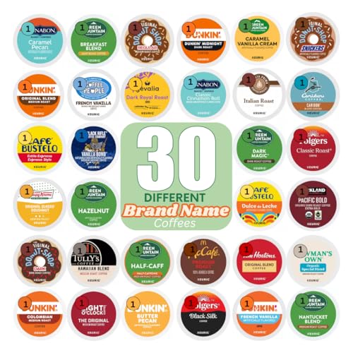 Image of Brand Name Variety Pack Coffee Pods K Cup Sampler Flavored, Dark, Medium & light Roast. All the Top Brands and Many More-for Keurig Brewers-1 box (30 Unique Pods)