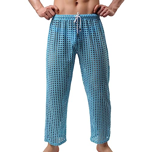 Men's Mesh Fishnet See Through Pants Hollow Openwork Drawstring Lounge Long Pants Muscle Trousers Pajamas Bottoms