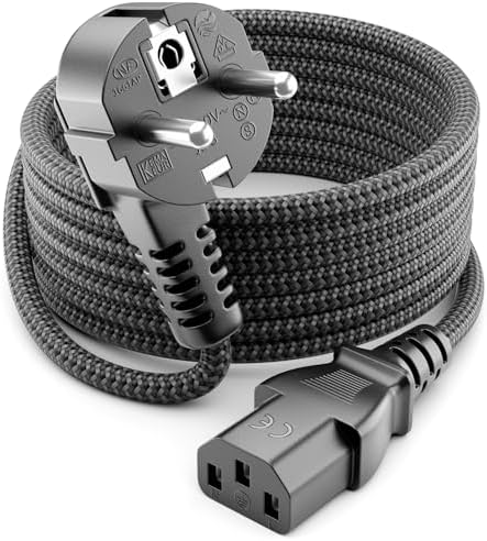 deleyCON 3,0m Kaltgerätekabel Nylon Typ F auf C13 90° - Grau | Netzkabel Stromkabel Kaltgeräte Strom Kabel, Schutzkontakt 90° Winkel Stecker, für PC, Computer, Monitor, Drucker