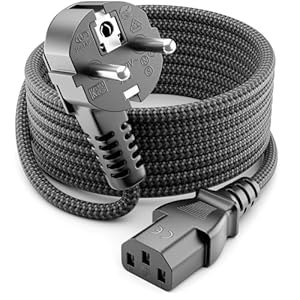 deleyCON 2m Câble D’Alimentation - Nylon Tressé - Cordon Secteur pour Appareils - Prise de Sécurité 90° (Type F vers C13) - pour PC, Ordinateur, Moniteur, Imprimante, Projecteur - Gris