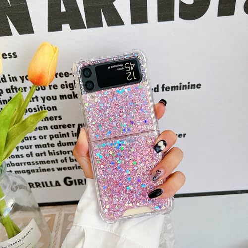 UEEBAI Case for Samsung Galaxy Z Flip 3 5G, Pretty Bling Glitter Case for Women Cute Shiny Sparkle Phone Case for Girls Bling Stars Cover Four Corner Shockproof Slim Fit Flip Case - Pink