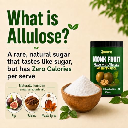 Image of Zeeero Monk Fruit Without Erythritol | Monkfruit Extract With Allulose Sweetener | Monk Sugar | Monk Fruit Powder | No Preservatives 250g Jar