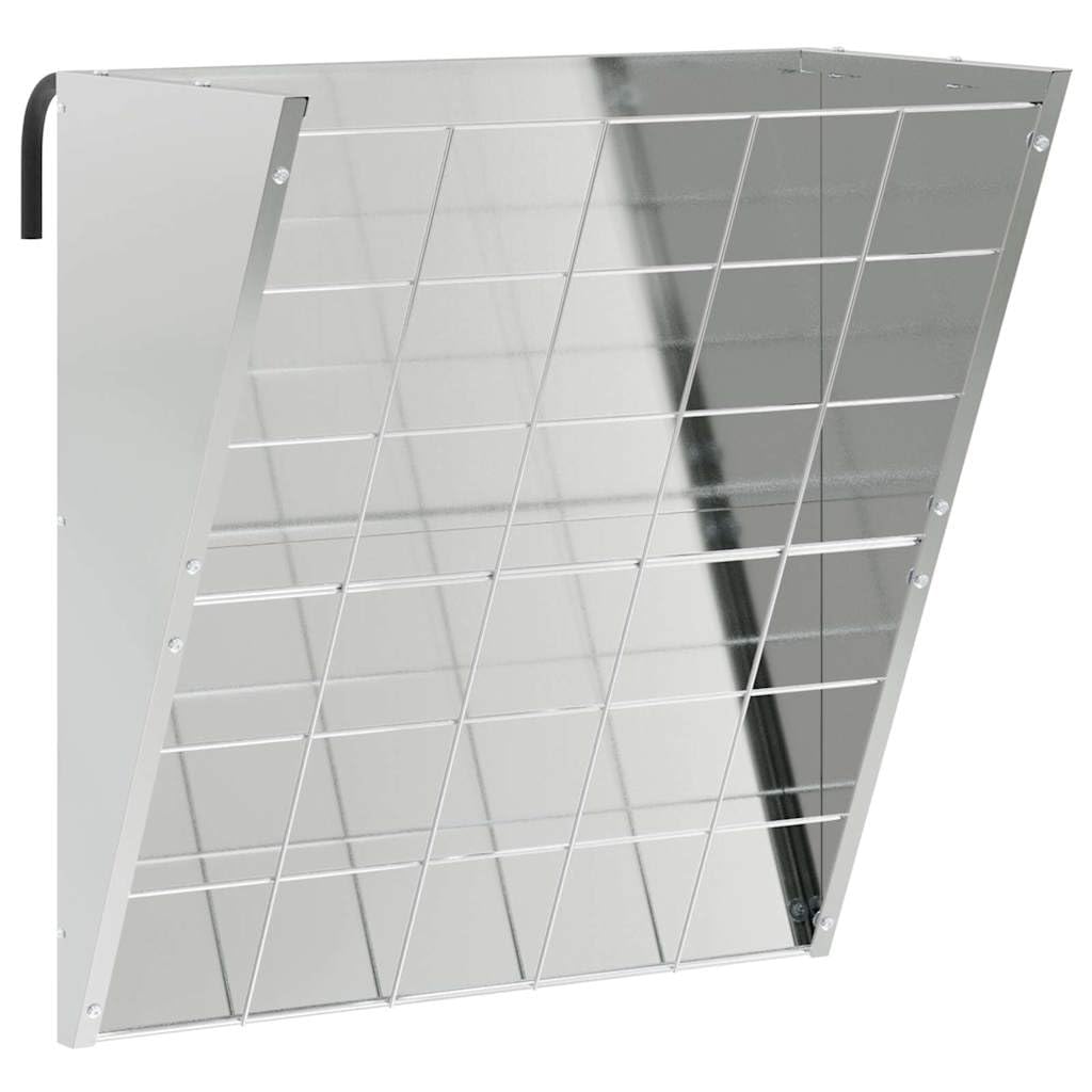 Comedero colgante de heno de acero galvanizado plateado, 61 x 33 x 66 cm, para interior y exterior, 5 kg de capacidad, resistente a la intemperie, robusto comedero para ganado moderno