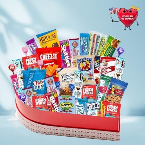 Image of Gift A Snack - Valentines Day Heart Shape Snack Box Variety Pack Care Package + Greeting Card (40 Count) Birthday Sweet Treats Gift Basket, Candies Chips - Office Food Assortments