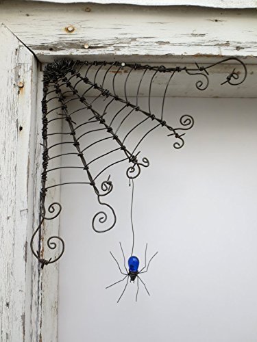 Czechoslovakian Blue Spider Dangles From 12" Barbed Wire Corner Spider Web, Made To Order