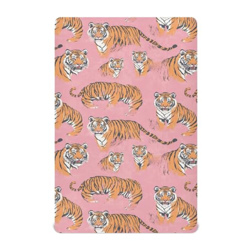 Image of Vintage Cute Tigers Pinks Crib Sheets Soft Breathable Fitted Baby Crib Sheets Mattress Cover for Girls Boys, 52 inch x 28 inch x 9 inch