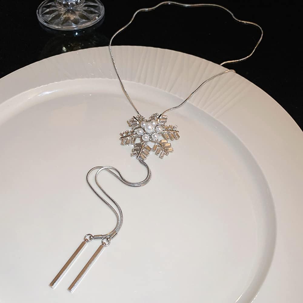 Wiwpar Sexy Long Chain Necklace Silver Large Pendant for Women Crystal Snowflake Pearl Drop Y Necklace Daily Winter Snowflake Flower Necklace Chain for Women (silver) - Image 6