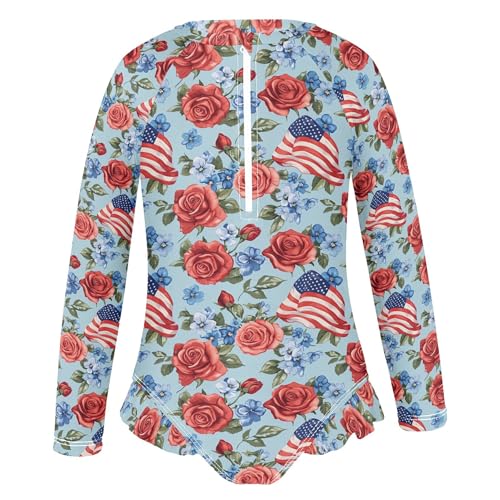 July 4th American Flag Rose Girls Long Sleeve Rashguard Swimsuit UV Protection One-Piece Swimwear B04046012