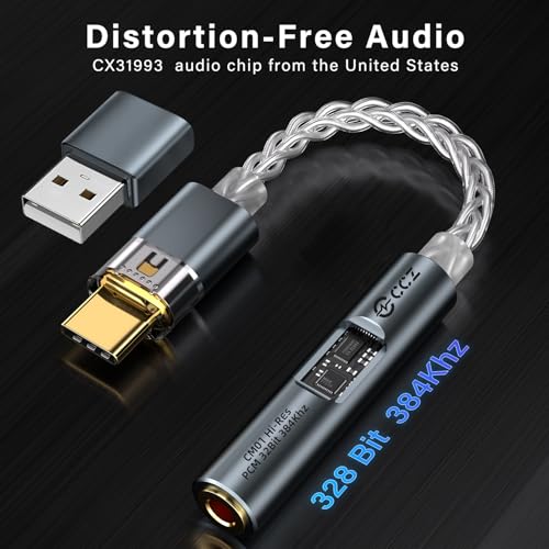 Image of USB C to 3.5mm Audio Adapter with Dual Chip Hi-Res 32bit /384KHz DAC& 24bit /96KHz ADC Dongle Cable Cord,USB C to Aux Dongle HiFi Headphone Jack Adapter with USB A Converter for Type C Devices (Blue)