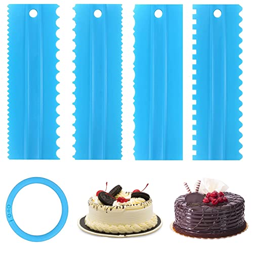 4 PCS Cake Scraper Set,with Storage Ring, Cake Edge Scrappers Cutter,Plastic Double Sided Scraper,Cake Smoother DIY Sawtooth Cake Scraper Set for Cake Cream Baking Decorating.