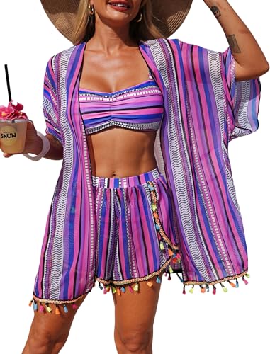 Image of ZAFUL Women 4pcs Ruched Striped Bikini Set High Cut Swimsuit with Sheer Fringed Cover Up Side Slit Shorts