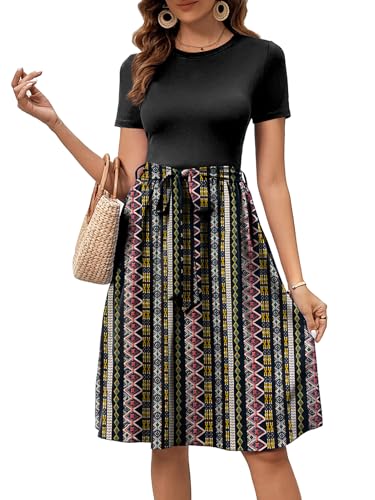 Image of Women's Elegant Vintage Round Neck Short Sleeve Summer Casual Work Party A-Line Dress with Belt 809
