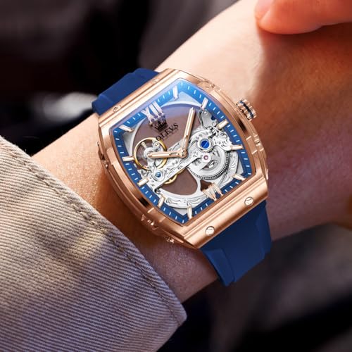 Image of OLEVS Watch for Men Skeleton Automatic Tonneau Silicone Strap Business Luxury Waterproof Luminous Mechanical Men Wrist Watch