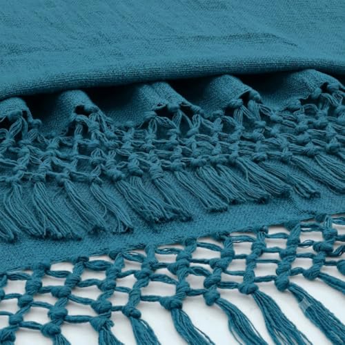 Image of HAKAM Cotton Throw Blanket with Macrame Tassels for 3 Seater Sofa | Ideal for Your Home, Living Room, Sofa, Bed, Chair, Picnic & Used for Gift - 50X70 inch (Peacock Blue, 128x178 cm)