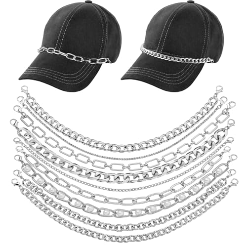 Geyoga 9 Pcs Trucker Hat Chains Trucker Hat Charms Women Man Bill Decoration Detachable DIY Metal Chain for Mesh Baseball Cap(Silver,Simple Style)