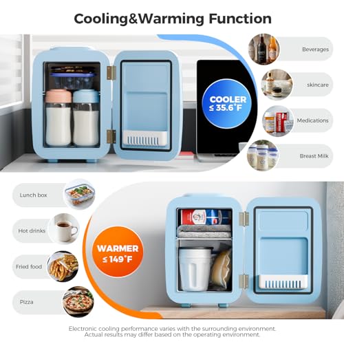 Image of YASHE Mini Fridge, 4 Liter /6 Can Mini Makeup Fridge, 110V AC / 12V DC Portable Thermoelectric Cooler&Warmer for Skincare, Drink, Cosmetic, Medicine, Small fridge for Bedroom, Office, Dorm, Car, Blue