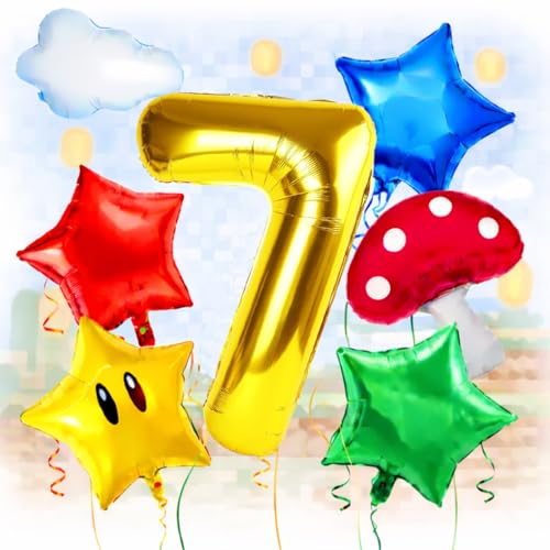 Colorful Balloon Cloud Star Balloons for Kids Party Decorations Red Blue Green Yellow Balloons Gold Game Number 7 Birthday Decoration Party Supplies