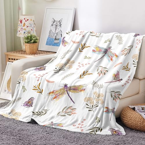 Bestraily Dragonfly Throw Blanket Floral Flower Throw Blanket Botanical Plant Flannel Fleece Throw Blankets Butterfly Cozy Fuzzy Plush Throw Blankets for Bed Chair Couch 60" X 80"