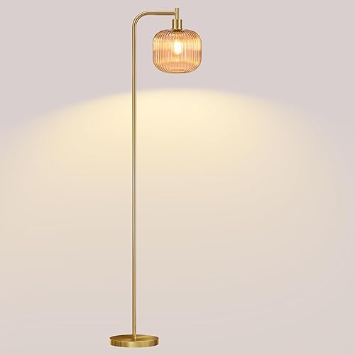 Lámpara de pie de cristal, lámpara de pie moderna de 67 pulgadas con pantalla de vidrio acanalado ámbar, poste de metal para sala de estar,