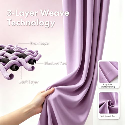 Image of Purple Room Darkening Curtains for Girls Nursery Bedroom 52x63 in | 80% Blackout Double Layer Curtains with Pom Pom Sheer Overlay, Grommet Privacy Drapes for Toddler Bedroom Decor, 2 Panels