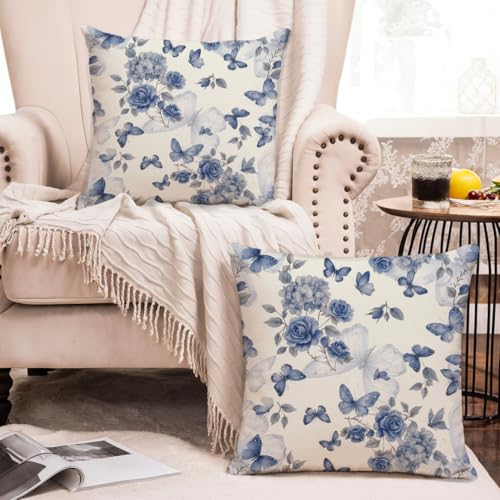 Image of Jaipur Weaves Cushion Cover 16 Inch X 16 Inch - Set of 2, Butterfly Print 180 GSM Decorative Soft Cushion Covers for Sofa /Bed /Chair, Gift for Home Decor (Blue Butterfly, 2)