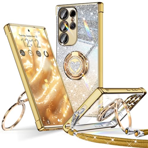 XYZ Coque pour Samsung Galaxy S23 Ultra Con Cordon, Mignonne et Luxueuse, Double Anneau Motif Cœur d'amour pour Femmes et Filles, Pailleté Souple Coque...