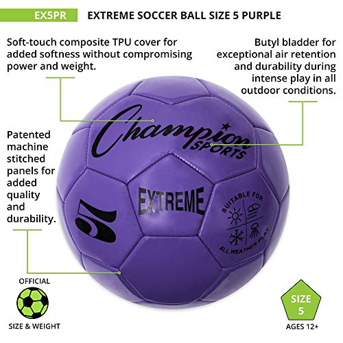 Champion Sports Extreme Series Soccer Ball Regulation Size 5 - Collegiate, Professional, And League Standard Kick Balls - All Weather, Soft Touch, Maximum Air Retention - For Adults, Teenagers, Purple #TOP3
