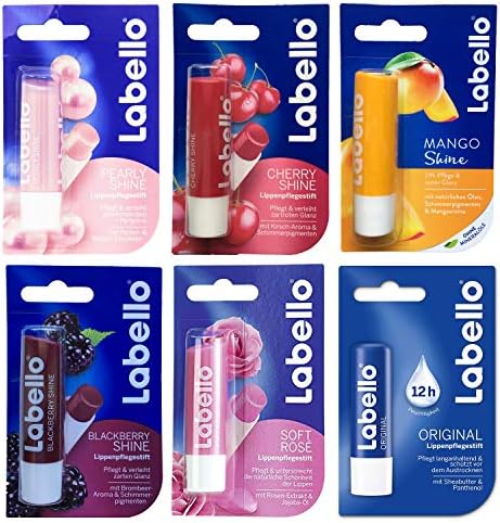 Lip Balm Bundle containing 6 different Labello Lip Balms - Pearly Shine, Cherry Shine, Mango, Blackberry Shine, Soft Rose, Original