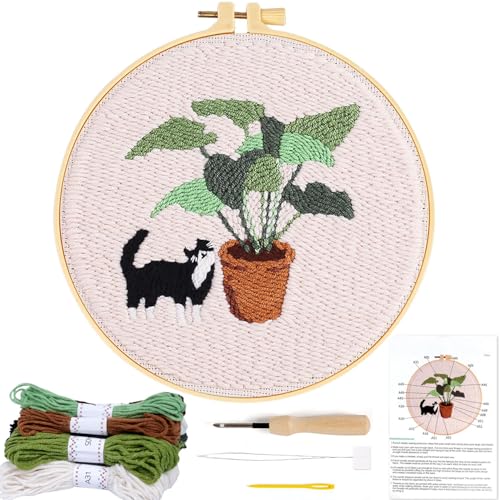 Image of KESTAR Punch Needle Embroidery Starter Kits, Black and White Cat Plant Punch Needle Kits for Adults Beginner, Needle Punch Kit Tool with Instruction Threader Fabric Yarns and Hoop