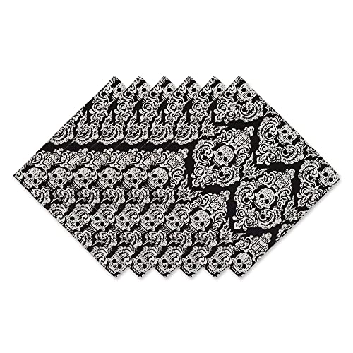 DII Halloween Party Tabletop Decor, Reusable & Machine Washable Cotton Fabric, Napkin Set, 20x20, Black Skull Damask, 6 Piece