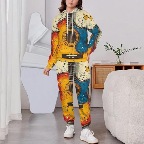 Boys Girls Hoodie Pants Hooded Sweatshirt Sweatpant 2 Piece Clothing Set, Cartoon Guitar Retro2