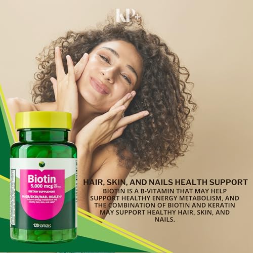 Image of KP+ Biotin 5,000 mcg | Hair, Skin & Nail Health | Gluten Free | 120 Softgels | Pack of 1