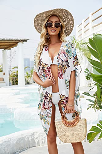 Women's Floral Print Puff Sleeve Kimono Cardigan Loose Cover Up Casual Blouse Tops Oversized Beach