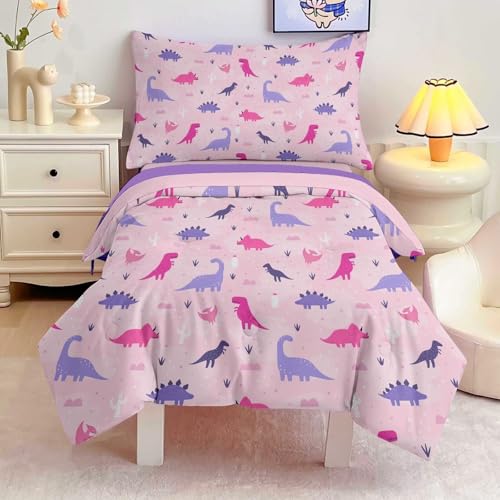 Image of 4 Piece Toddler Dinosaur Bedding Set for Girls,Pink Dino Toddler Comforter Sets Soft Bed Set Include Comforter,Fitted Sheet,Flat Top Sheet and Pillowcase,Bed in A Bag for Bedroom