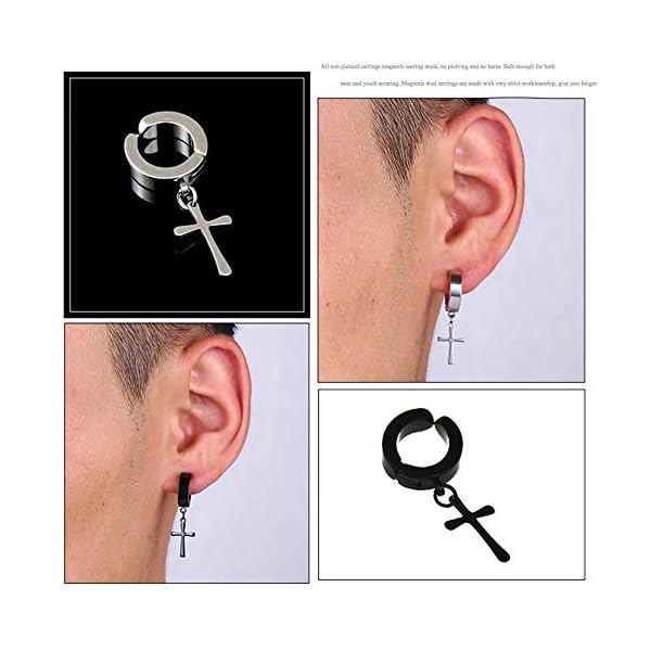 RIOSO Magnetic Stud Earrings for Men Women Stainless Steel Hoop Cross Non Piercing Fake Gauges Earring Black CZ Hypoallergenic Magnet Earring Set, Cubic Zirconia - Image 8
