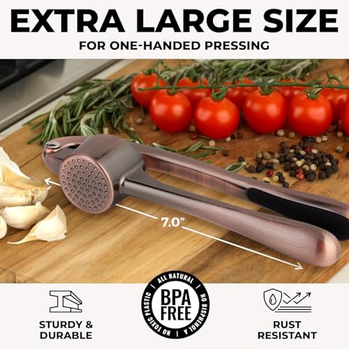 Image of Zulay Kitchen Large Premium Garlic Press Set - Bigger Bowl for Bigger Garlic - Rust Proof Garlic Mincer Tool - Easy-Squeeze, Easy-Clean Silicone Garlic Peeler & Brush (Copper)