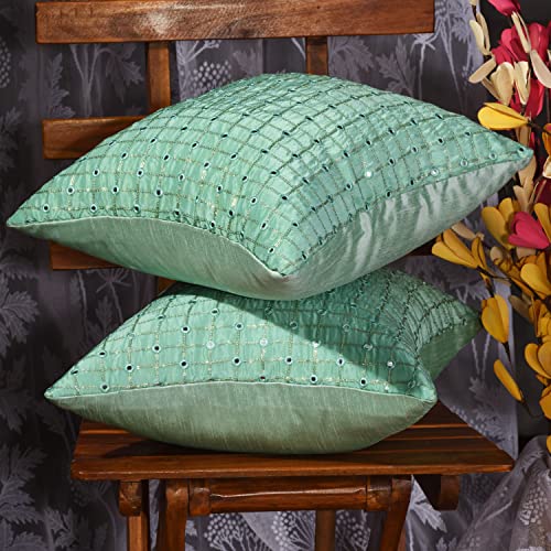 Image of Sea Green Cushion Covers 12x18 Set of 2, Rectangular Fancy Cushion Covers for Sofa, Embroidered Cushion Covers with Mirror Work