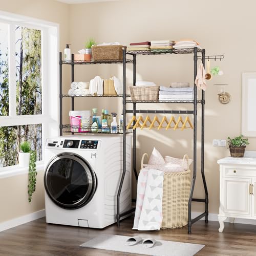 Image of Golpart Over Washer and Dryer Shelves,Heavy Duty Laundry Room Storage Organization Clothes Drying Rack,5 Tier Adjustable Height Wire Shelving and Wire Basket with Hanger Rod&Hook,Space Saving Shelf