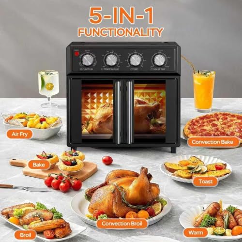 Image of PlumChef 27.5 Quart Extra Large 6 Slices Air Fryer Convection Toaster Oven, French Door, 1700W, Multifunction Oven for Air Fryer, Toast, Grill, Defrost, Bake (Black)