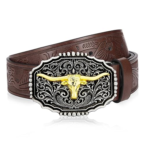 Image of Mens Western Cowboy Cowgirl Faux Leather Belt Longhorn Bull Pattern Letter Big Buckle Embossed Floral Belts