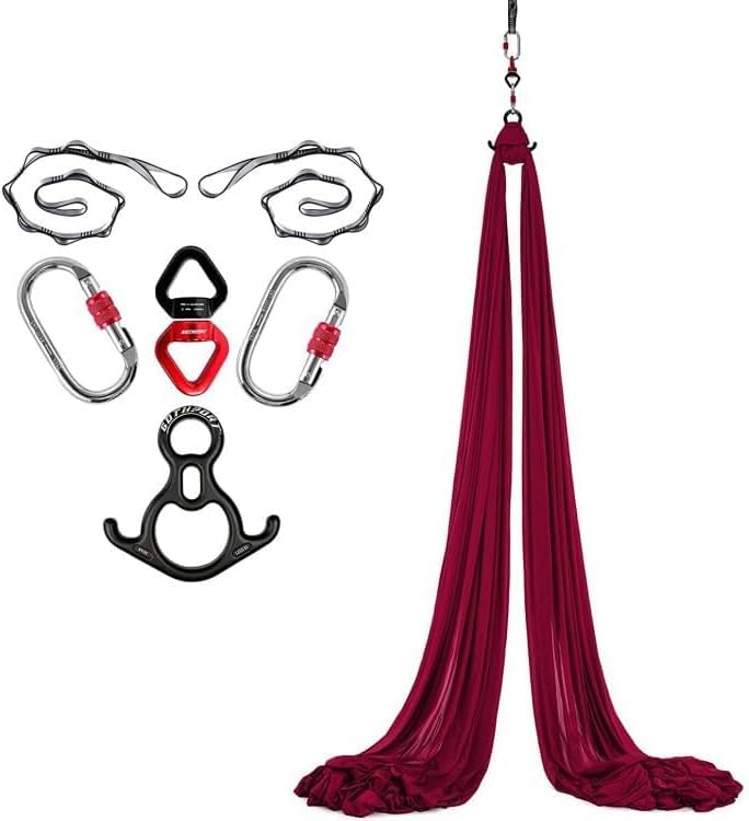 Aerial Yoga Silk, 8M Heavy-Duty Nylon Cloth, Suspended Yoga Towel with Mounting Hardware, High Load Capacity Trapeze Swing for Aerial Yoga, Acrobatic Training & Artistic Performances (Burgundy)
