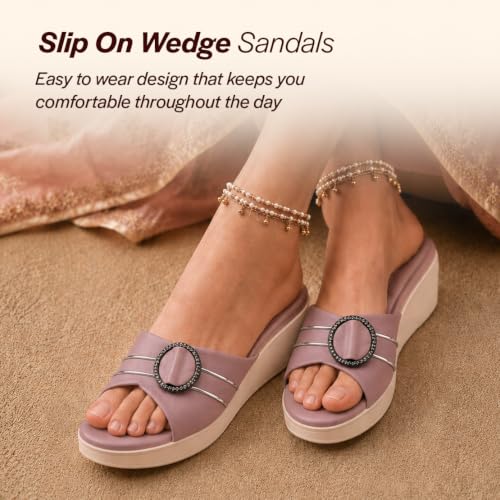 Image of FAUSTO Women Buckle Design Wedge Heel Sandals | Comfortable Slip-On Platform Slides For All Day Wear, Casual and Party | Soft Cushioned Insole